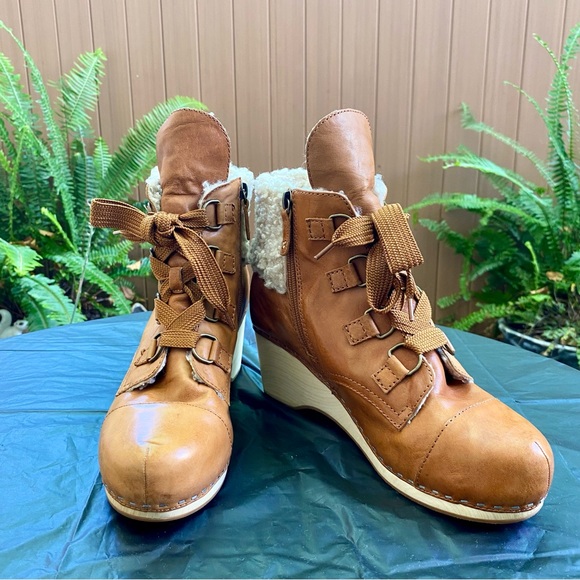 Kelsi Dagger Shoes - Kelsi Dagger Brown Ankle Boots with Sherpa Cuff and Wooden Heel